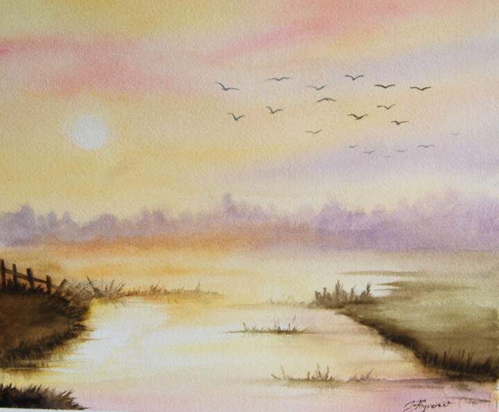 Peinture intitulée "brume sur l'étang -…" par Patricia Hyvernat, Œuvre d'art originale, Aquarelle