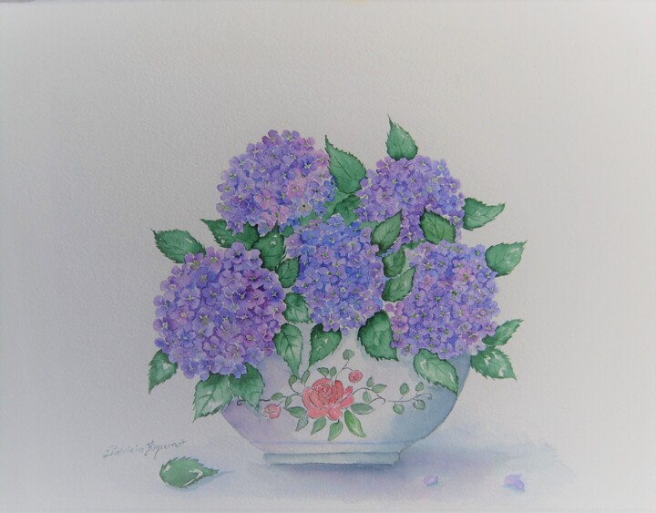 Painting titled "Bouquet d'ortensias…" by Patricia Hyvernat, Original Artwork, Watercolor