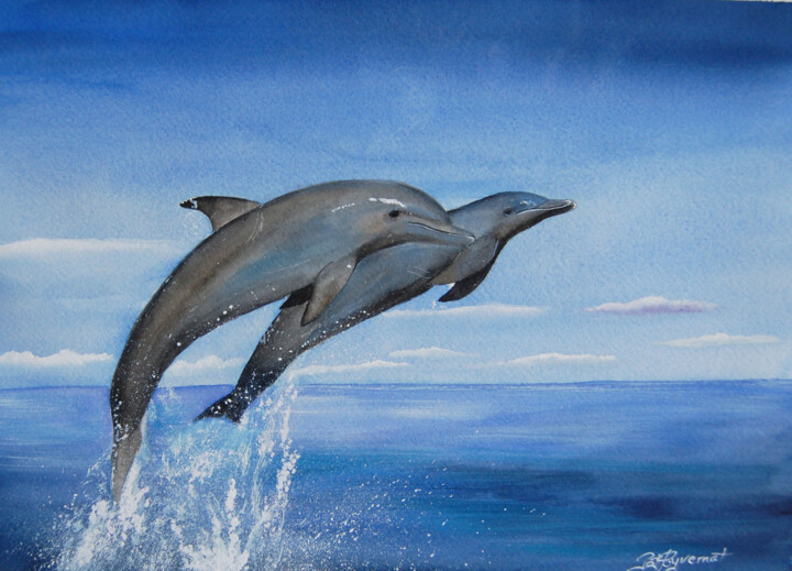 Painting titled "dauphins  - aquarel…" by Patricia Hyvernat, Original Artwork, Watercolor