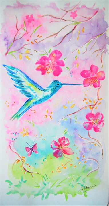 Painting titled "colibri et fleurs r…" by Patricia Hyvernat, Original Artwork, Watercolor