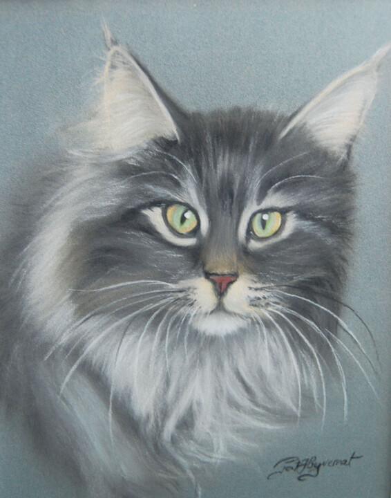 Dessin intitulée ""Gatsby" chat maine…" par Patricia Hyvernat, Œuvre d'art originale, Pastel