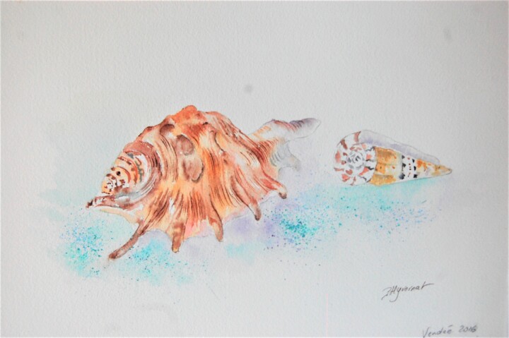 Painting titled "coquillages  - aqua…" by Patricia Hyvernat, Original Artwork, Watercolor
