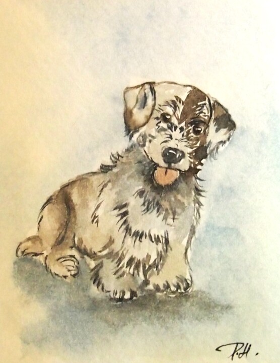 Peinture intitulée "le petit chien - mi…" par Patricia Hyvernat, Œuvre d'art originale, Aquarelle