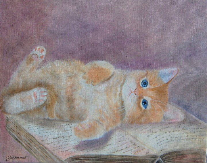Painting titled ""Roucky " chaton ro…" by Patricia Hyvernat, Original Artwork, Oil Mounted on Wood Stretcher frame