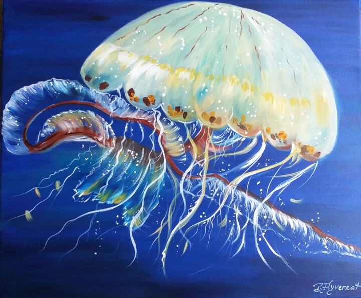 Painting titled "meduse  - acrylique…" by Patricia Hyvernat, Original Artwork, Acrylic Mounted on Wood Stretcher frame