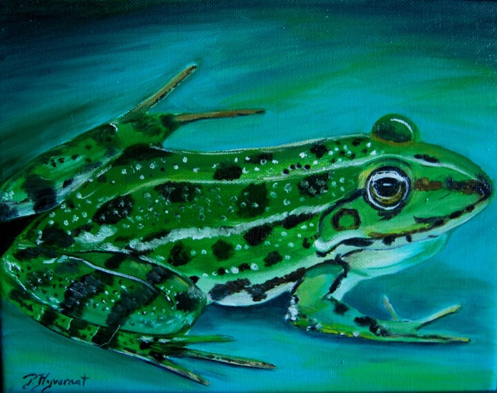 Painting titled "grenouille  verte…" by Patricia Hyvernat, Original Artwork, Acrylic Mounted on Wood Stretcher frame