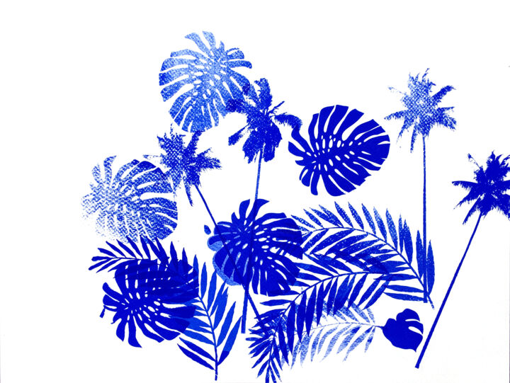 Painting titled "Palm Blue" by Patricia Lardé, Original Artwork, Screenprinting
