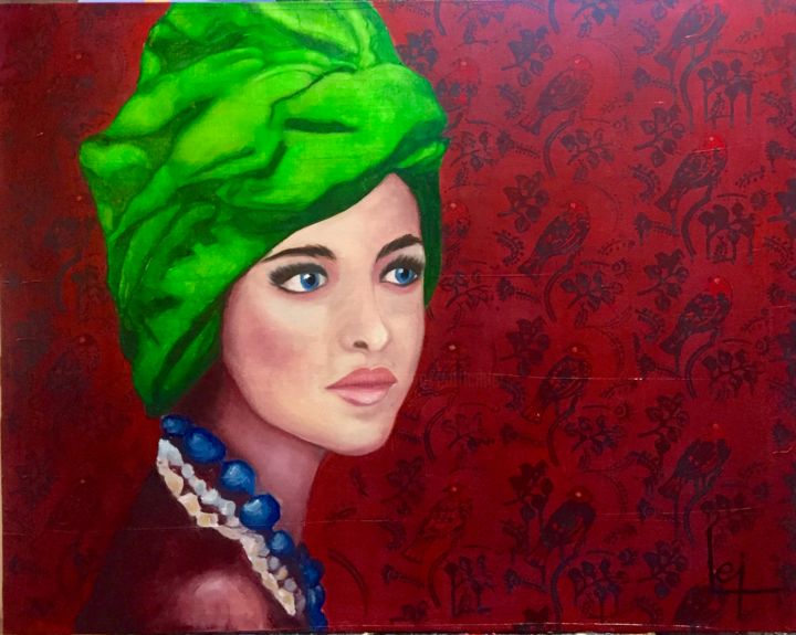 Painting titled "Jeune femme au turb…" by Patricia Lei Ulvoas, Original Artwork, Oil