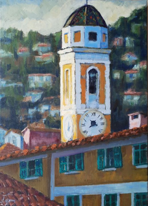 Painting titled "Le Clocher à la tom…" by Patricia Lejeune, Original Artwork, Oil