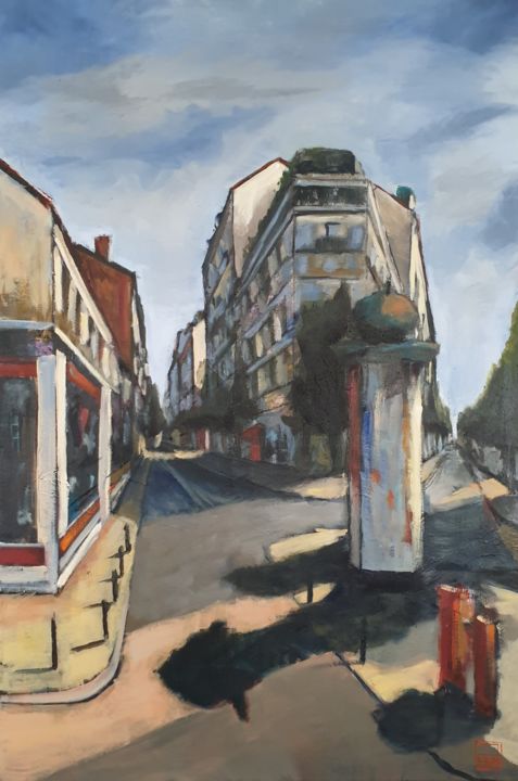 Painting titled "Kiosque et boulange…" by Patricia Lejeune, Original Artwork, Oil