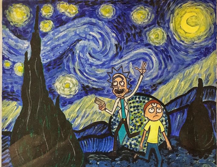 Painting titled "Starry night with R…" by Pat Couret, Original Artwork, Acrylic Mounted on Cardboard