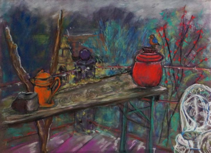 Peinture intitulée "Terrasse en hiver" par Patricia Segond, Œuvre d'art originale, Pastel