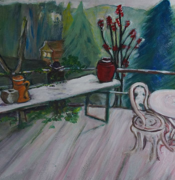 Peinture intitulée "Une terrasse en hiv…" par Patricia Segond, Œuvre d'art originale, Acrylique Monté sur Châssis en bois