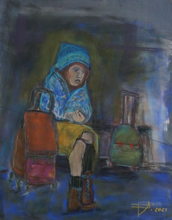 Pintura intitulada "Attente à la gare d…" por Patricia Segond, Obras de arte originais, Pastel