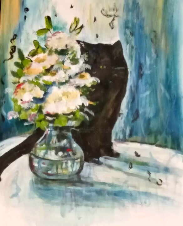 Peinture intitulée "Chat au bouquet 2" par Patricia Segond, Œuvre d'art originale, Acrylique