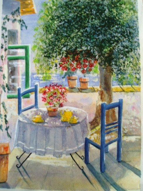 Painting titled "Tea in the Shade" by Patricia Welsh, Original Artwork