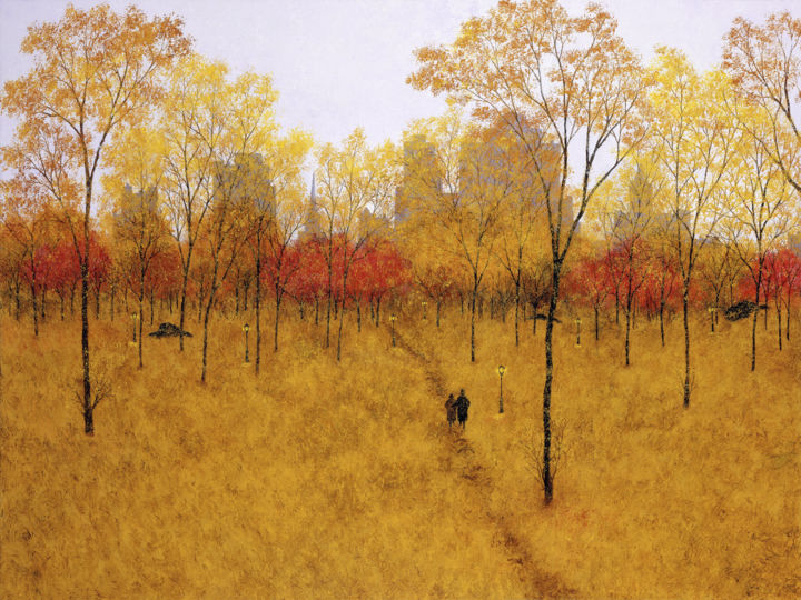 Printmaking titled "Autumn Stroll" by Patrick Antonelle, Original Art, Digital Print Mounted on Stretcher frame