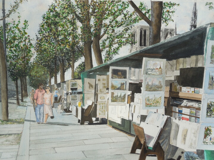 Peinture intitulée "Bouquinistes à Paris" par Patrick Bigeon, Œuvre d'art originale, Aquarelle