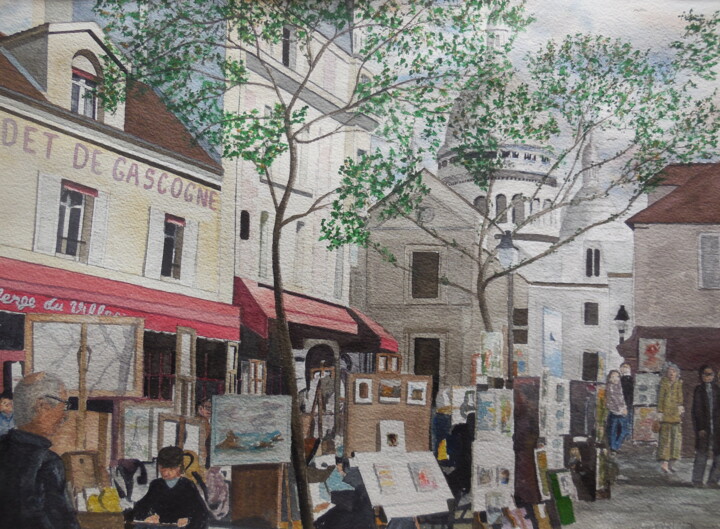 Malerei mit dem Titel "Place du Tertre à P…" von Patrick Bigeon, Original-Kunstwerk, Aquarell