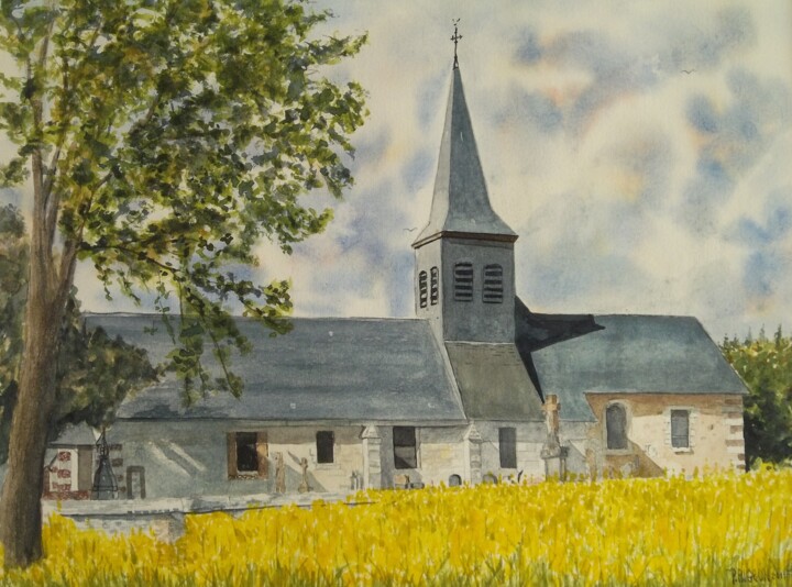 Painting titled "Eglise de Barnevill…" by Patrick Bigeon, Original Artwork, Watercolor