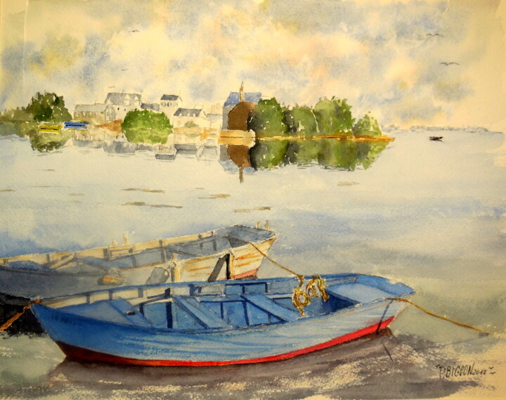 Painting titled "Le calme du rivage" by Patrick Bigeon, Original Artwork, Watercolor
