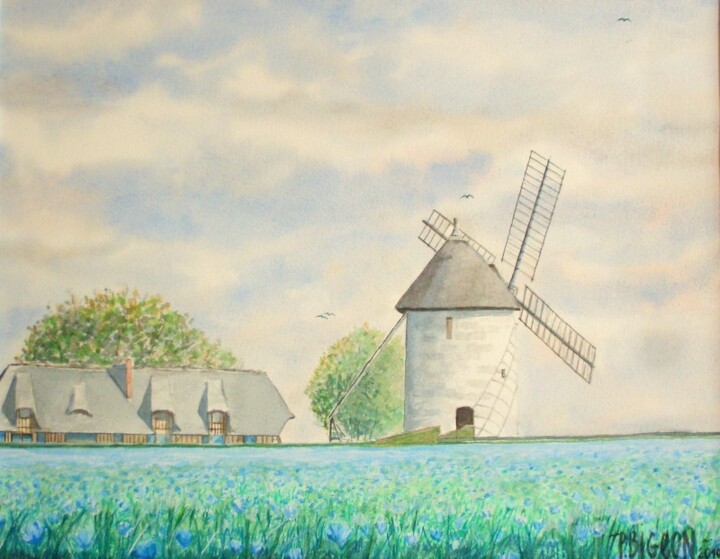 Painting titled "Moulin de Hauville…" by Patrick Bigeon, Original Artwork, Watercolor