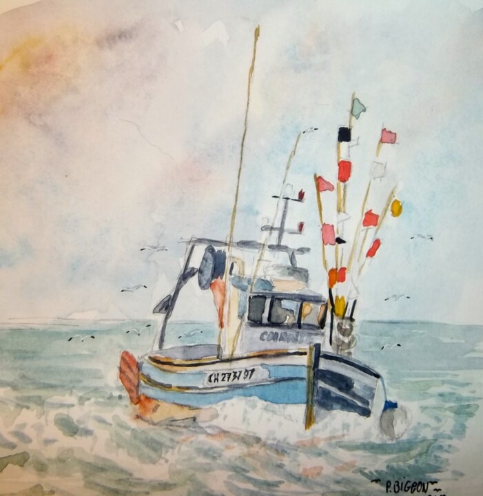 Painting titled "Retour de pêche" by Patrick Bigeon, Original Artwork, Watercolor