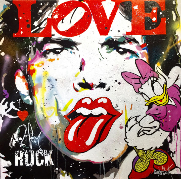 Painting titled "Mick Jagger, I love…" by Patrick Cornee, Original Artwork, Oil Mounted on Wood Stretcher frame
