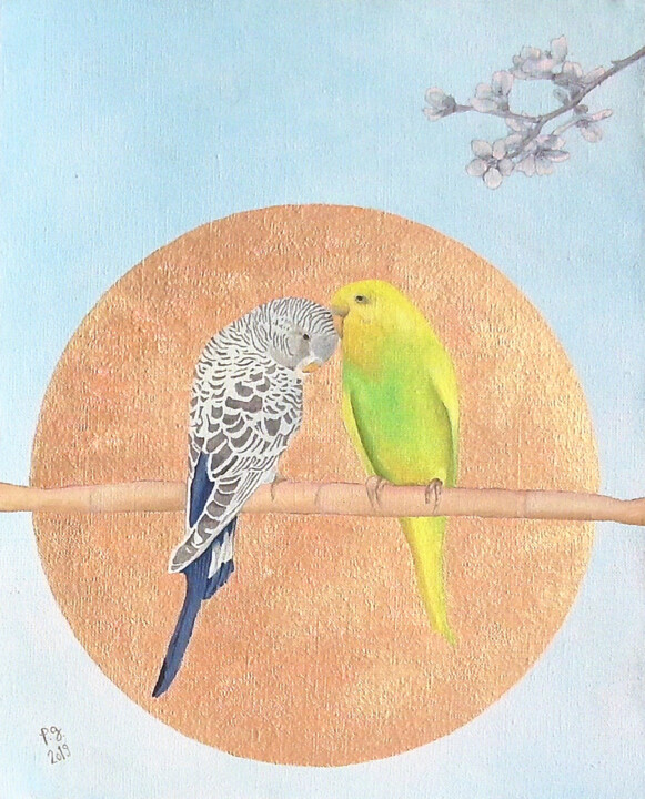 「Parakeets And Almon…」というタイトルの絵画 Patrick Gourgouillatによって, オリジナルのアートワーク, オイル ウッドストレッチャーフレームにマウント