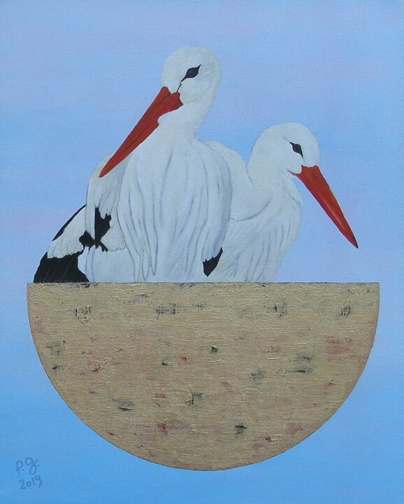 Painting titled "Storks Called Arist…" by Patrick Gourgouillat, Original Artwork, Oil Mounted on Wood Stretcher frame