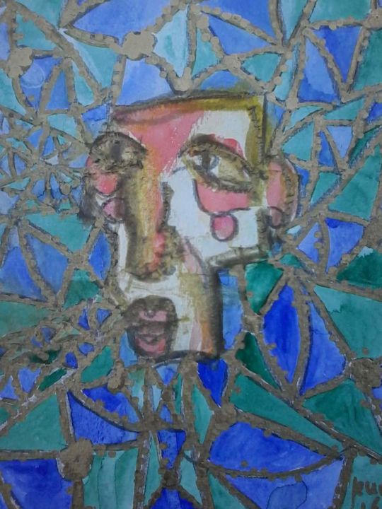 Dessin intitulée "Visage sur fond bleu" par Patrick Jeune, Œuvre d'art originale, Aquarelle