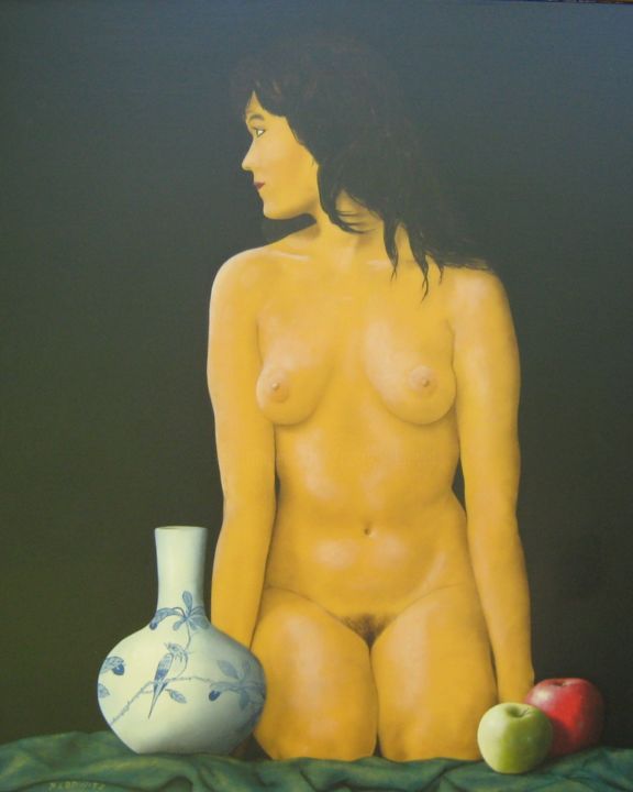 Painting titled "Nu au vase bleu" by Patrick Lodwitz, Original Artwork, Oil