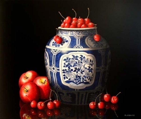 Painting titled "Vase bleu et fruits…" by Patrick Lodwitz, Original Artwork, Oil