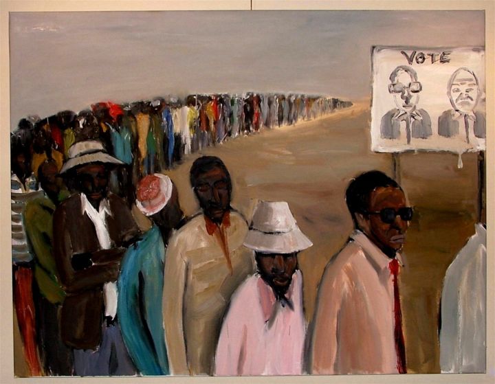 Painting titled "long-queue-oil-on-c…" by Patrick Makumbe, Original Artwork