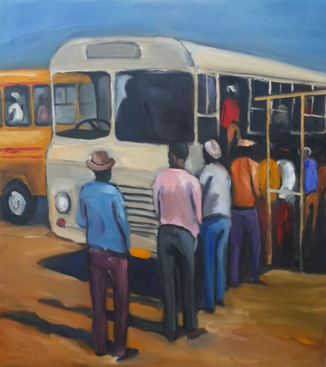 Peinture intitulée "bus-terminus-90x80c…" par Patrick Makumbe, Œuvre d'art originale