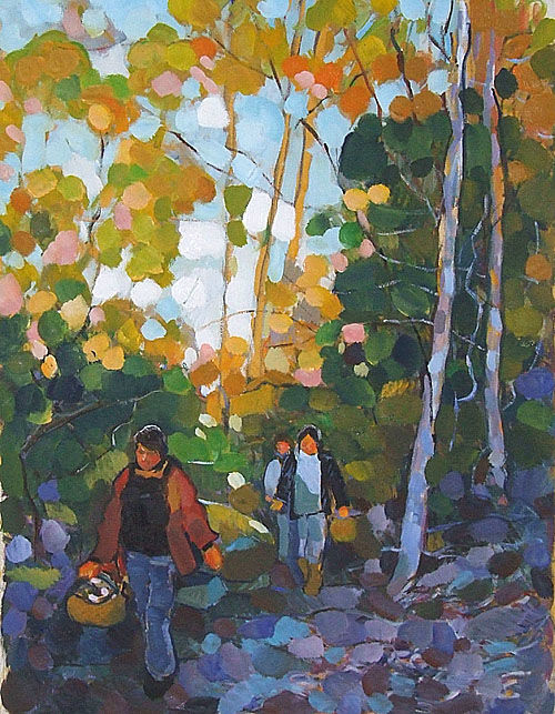 Painting titled "Promenade en foret" by Patrick Marie, Original Artwork, Oil Mounted on Wood Stretcher frame