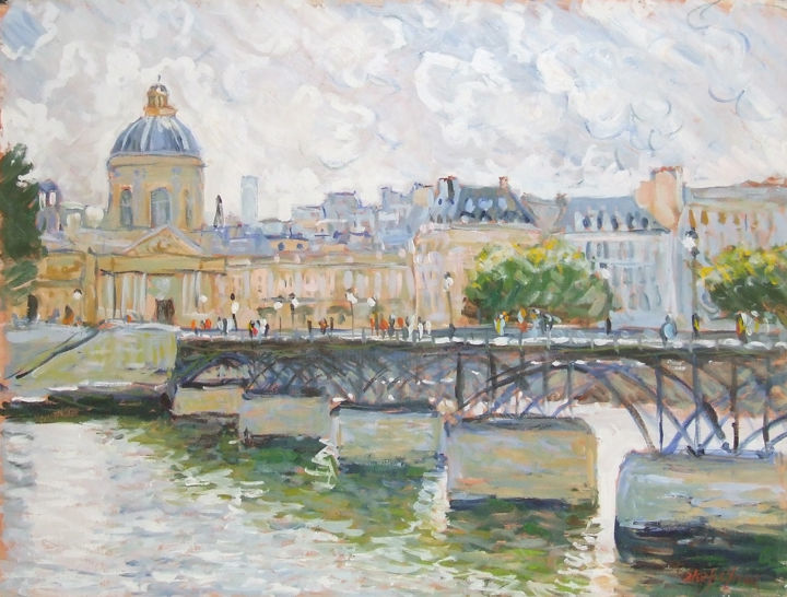 Painting titled "Pont des arts" by Patrick Marie, Original Artwork, Oil Mounted on Wood Stretcher frame