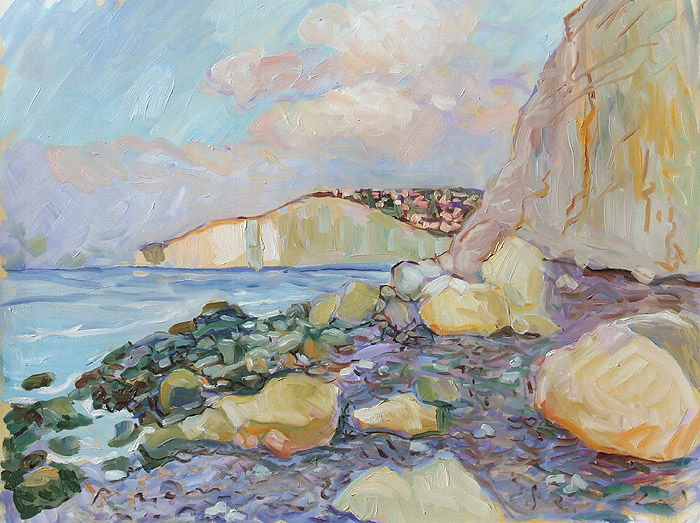 Painting titled "Falaises près de Cr…" by Patrick Marie, Original Artwork, Oil Mounted on Wood Stretcher frame