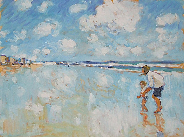 Painting titled "Plage normande" by Patrick Marie, Original Artwork, Oil Mounted on Wood Stretcher frame