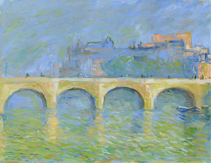 Painting titled "Pont de Paris" by Patrick Marie, Original Artwork, Oil Mounted on Wood Stretcher frame