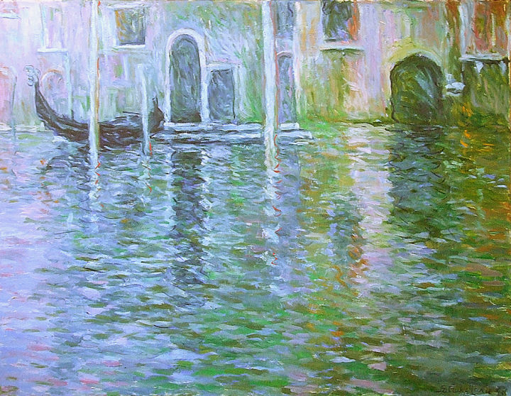 Painting titled "Gondole à Venise" by Patrick Marie, Original Artwork, Oil Mounted on Wood Stretcher frame