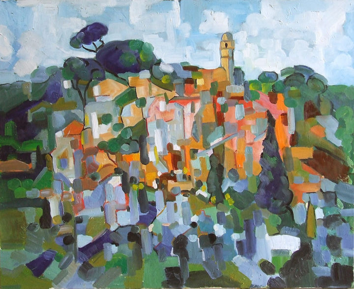 제목이 "Village corse"인 미술작품 Patrick Marie로, 원작, 기름 나무 들것 프레임에 장착됨