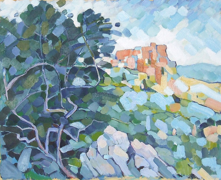 제목이 "Paysage provençal"인 미술작품 Patrick Marie로, 원작, 기름 나무 들것 프레임에 장착됨