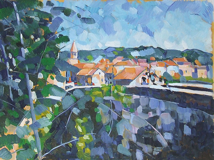 Painting titled "Village près d'Albi" by Patrick Marie, Original Artwork, Oil Mounted on Wood Stretcher frame