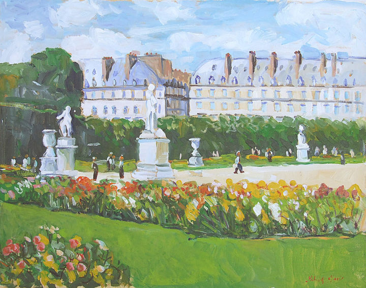 Painting titled "Paris - Jardin des…" by Patrick Marie, Original Artwork, Oil Mounted on Wood Stretcher frame