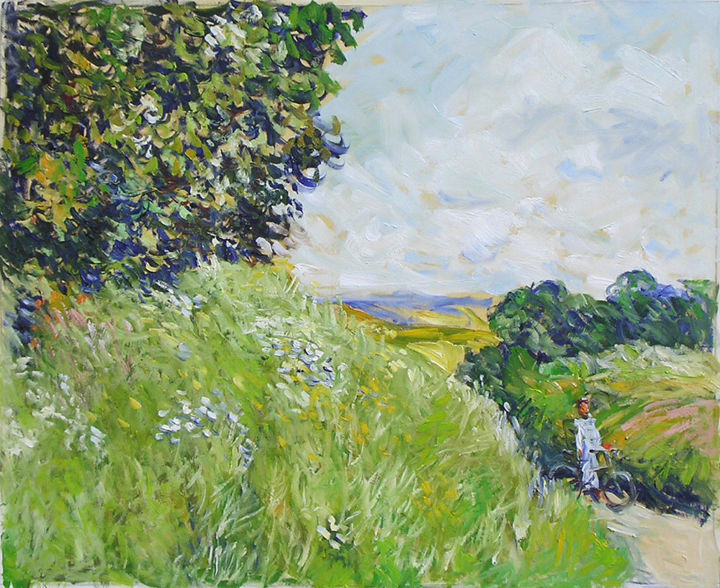 제목이 "Promenade à vélo"인 미술작품 Patrick Marie로, 원작, 기름 나무 들것 프레임에 장착됨