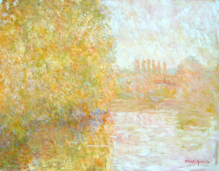 Painting titled "Brume sur la Seine" by Patrick Marie, Original Artwork, Oil Mounted on Wood Stretcher frame