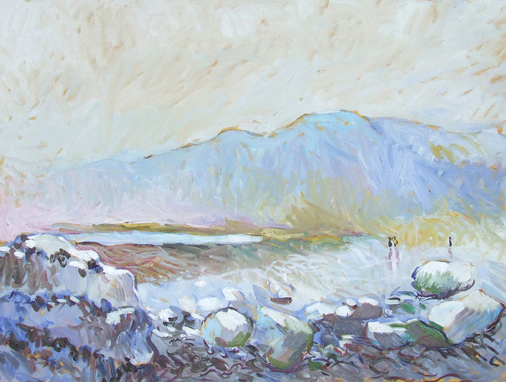 Painting titled "Falaises et brume…" by Patrick Marie, Original Artwork, Oil Mounted on Wood Stretcher frame