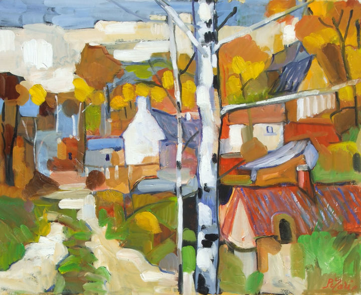 Painting titled "Village normand en…" by Patrick Marie, Original Artwork, Oil Mounted on Wood Stretcher frame