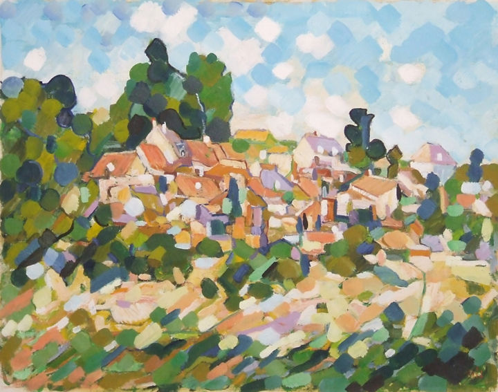Painting titled "Village normand N°1" by Patrick Marie, Original Artwork, Oil Mounted on Wood Stretcher frame